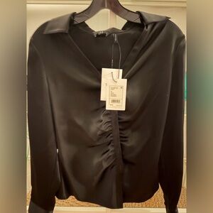 Theory Black Satin Ruched-Front Button Down Blouse